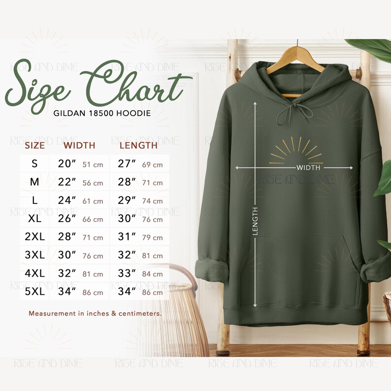 May include: An olive green Gildan 18500 hoodie displayed on a wooden hanger. The image includes a size chart with measurements in inches and centimeters. The chart lists sizes S through 5XL, with corresponding width and length measurements.
