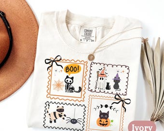 Comfort Colors Halloween Cat Shirt Spooky, Black-Cat Halloween Tee, witchy black cat mama, ghost outfit, vintage mom kitty tshirt, cat lover