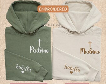 Embroidered Madrina & Padrino Hoodie, Personalized Gift for Godmother Proposal, Godparents Gift, Godchild Name on Sleeve, Baptism Sweatshirt