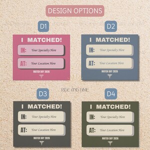 K&ouml;nnte beinhalten: Vier Designoptionen f&uuml;r eine Ank&uuml;ndigung zum medizinischen Match Day. Jede Karte enth&auml;lt den Text "I MATCHED!" mit Feldern f&uuml;r Fachrichtung und Standort sowie das Datum "MATCH DAY 2026". Die Karten sind in Rosa, Blau, Grau und Gr&uuml;n gehalten.