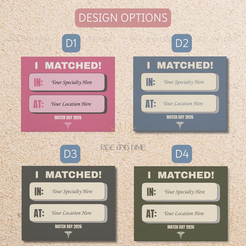 K&ouml;nnte beinhalten: Vier Designoptionen f&uuml;r eine Ank&uuml;ndigung zum medizinischen Match Day. Jede Karte enth&auml;lt den Text "I MATCHED!" mit Feldern f&uuml;r Fachrichtung und Standort sowie das Datum "MATCH DAY 2026". Die Karten sind in Rosa, Blau, Grau und Gr&uuml;n gehalten.