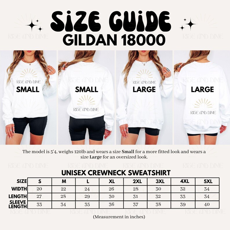 May include: White unisex crewneck sweatshirt size guide with measurements in inches. The guide includes sizes S to 5XL, with width ranging from 20 to 34 inches and length from 27 to 34 inches. The model is 5'4, weighs 120lb and wears a size Small.