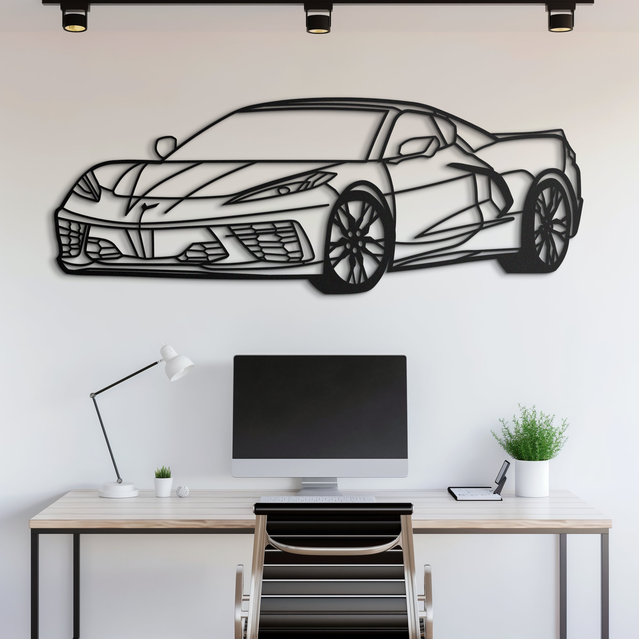 Modern Mid Engine American Sports Car Metal Line Art, C8 Supercar
