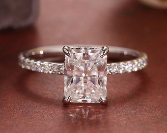 Radiant Moissanite Anniversary Ring 14K White Gold Engagement Ring Hidden Halo Wedding Ring Promise Ring For Woman Anniversary Gift For Her