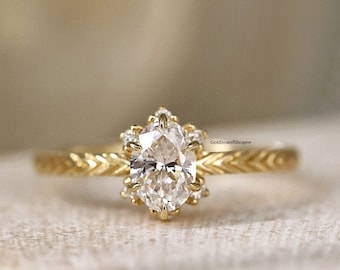 Anello di fidanzamento con taglio ovale, bussola vintage, moissanite solitaria, regalo di anniversario di matrimonio per lei, fascia intrecciata in oro giallo a spiga di grano.
