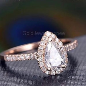 Rose Gold Pear Engagement Ring, Moissanite Diamond Halo Ring, Dainty Wedding Ring, Promise Ring, Anniversary Gift, 14K Gold Ring for Her