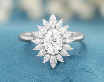 Oval Cut Moissanite Engagement Ring 14K White Gold Ring Flower Ring Halo Wedding Ring Cluster Ring Promise Ring Anniversary Gift For Her