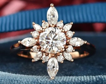 14K Rose Gold Anniversary Ring Flower Ring Promise Engagement Ring Cluster Ring Round Cut Moissanite Wedding Ring Anniversary Gift For Her