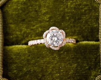 Anello di fidanzamento con moissanite taglio rotondo, regalo di promessa di matrimonio, anniversario per lei, fascia in oro rosa con pavé floreale nascosto e alone, set da sposa vintage