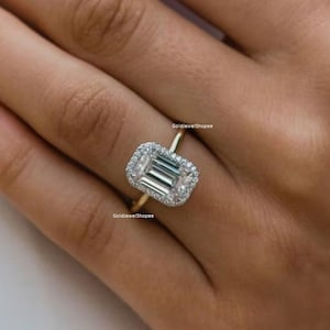 Emerald Cut Moissanite Engagement Ring 14K Yellow Gold Anniversary Ring Halo Wedding Ring Promise Ring For Woman Gift For Her Silver Ring