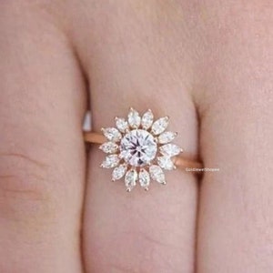 Flower Shape Engagement Ring 14K Yellow Gold Anniversary Ring Halo Wedding Ring Promise Ring Cluster Ring Silver Ring For Woman Gift For Her