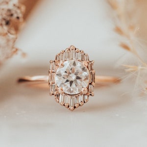 1.5 CT Round Moissanite Engagement Ring 14K Rose Gold Anniversary Ring Halo Wedding Ring Promise Ring For Woman Gift For Her Art Deco Ring