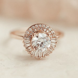 1.5 CT Round Moissanite Engagement Ring 14K Rose Gold Anniversary Ring Halo Wedding Ring Art Deco Ring Gift For Her Promise Ring For Woman