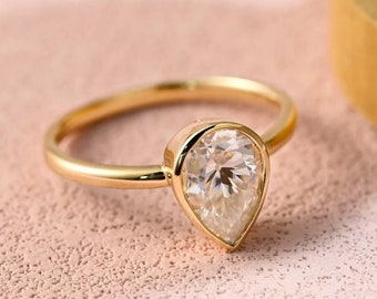 2 CT Pear Moissanite Engagement Ring 14K Yellow Gold Anniversary Ring Solitaire Diamond Wedding Ring Promise Ring Bezel Ring Gift For Her