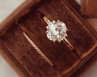 2 CT Oval Cut Moissanite Bridal Set Diamond Alternative Anniversary Gift For Her Stacking Rose Gold Cluster Accent Twisted Rope Wedding Band