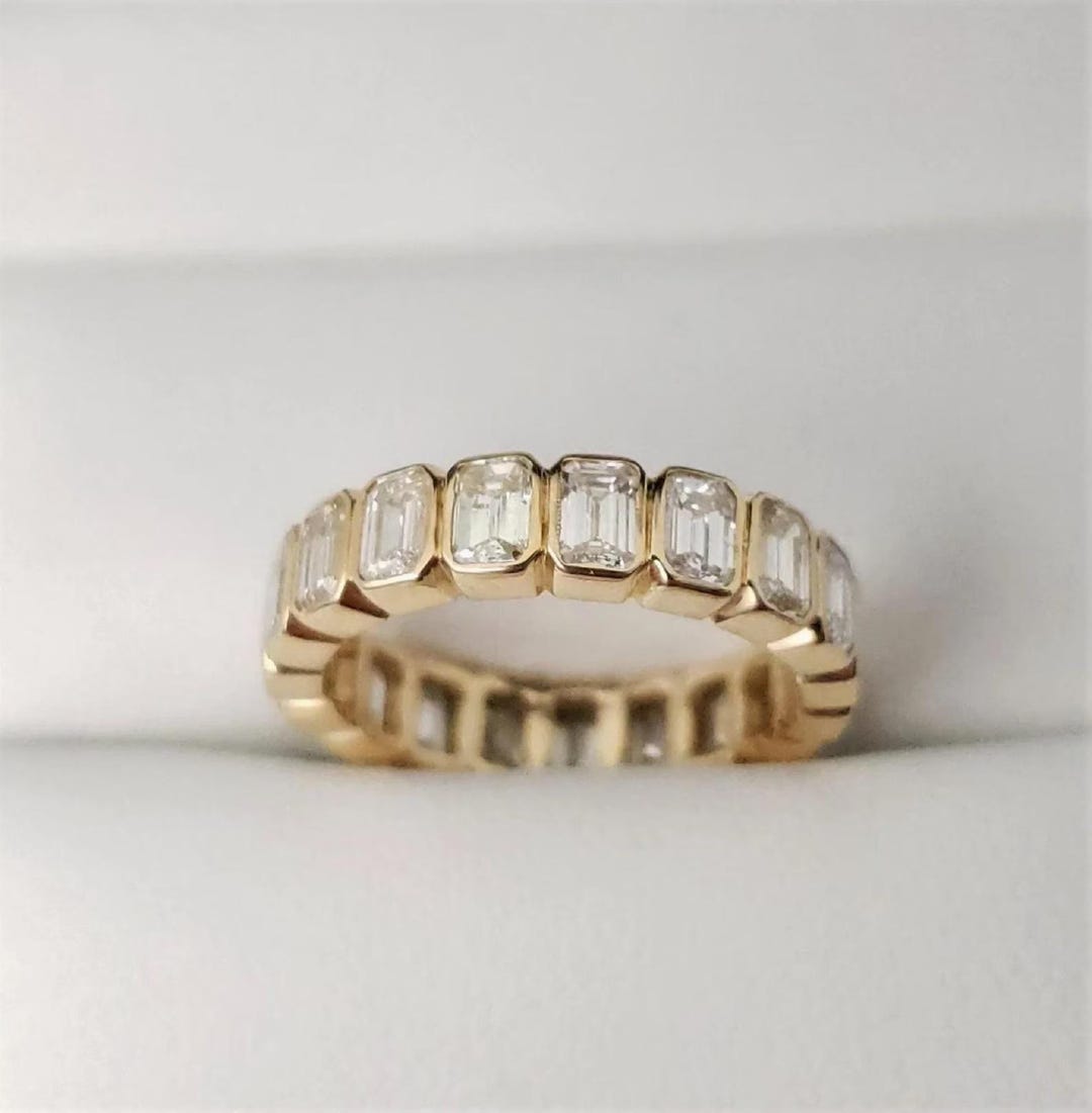 Emerald Cut Moissanite Eternity Wedding Band 14K Yellow Gold Bezel Set ...