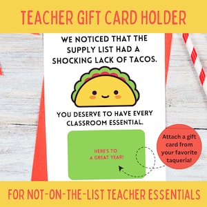 Lustiger Geschenkkartenhalter für den Schullehrer, Taco-Vorratsliste, Erste Woche Survival Kit, 13x18, printable digitaler Download