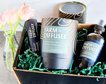 Set de regalo con difusor de piedra volcánica: aceite esencial de lavanda e hidrosol.