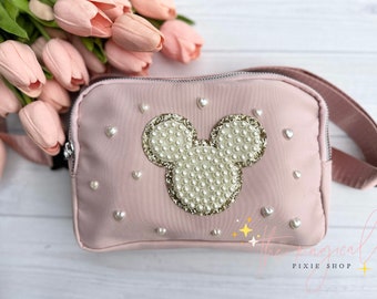 Heart Pearls Mouse Soft Pink Crossbody Bag, Bridal Pearl Mouse Bag, Theme Park Fanny pack