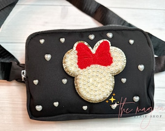 Heart Pearls Red Bow Mouse with Black Crossbody Bag, Bridal Pearl Mouse Bag, Theme Park Fanny pack