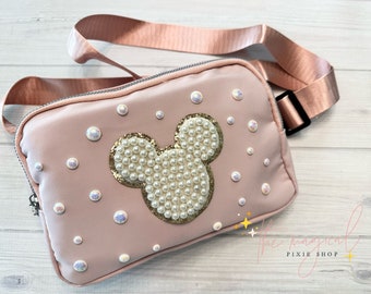 Mouse Soft Pink Crossbody Bag, Bridal Pearl Mouse Bag, Theme Park Fanny pack