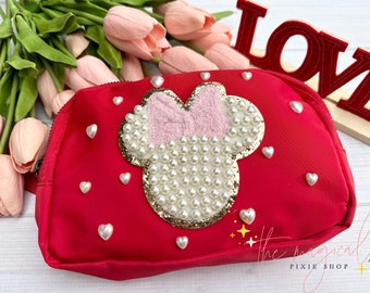 Heart Pearls Bow Mouse Red Crossbody Bag, Bridal Pearl Mouse Bag, Theme Park Fanny pack