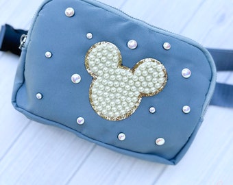 Mouse Dusty Blue Crossbody Bag, Bridal Pearl Mouse Bag, Theme Park Fanny pack