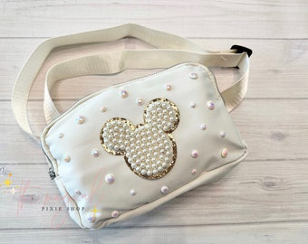 Mouse Ivory Crossbody Bag, Bridal Pearl Mouse Bag, Theme Park Fanny pack