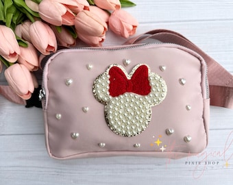Heart Pearls Red Bow Mouse with Soft Pink Crossbody Bag, Bridal Pearl Mouse Bag, Theme Park Fanny pack