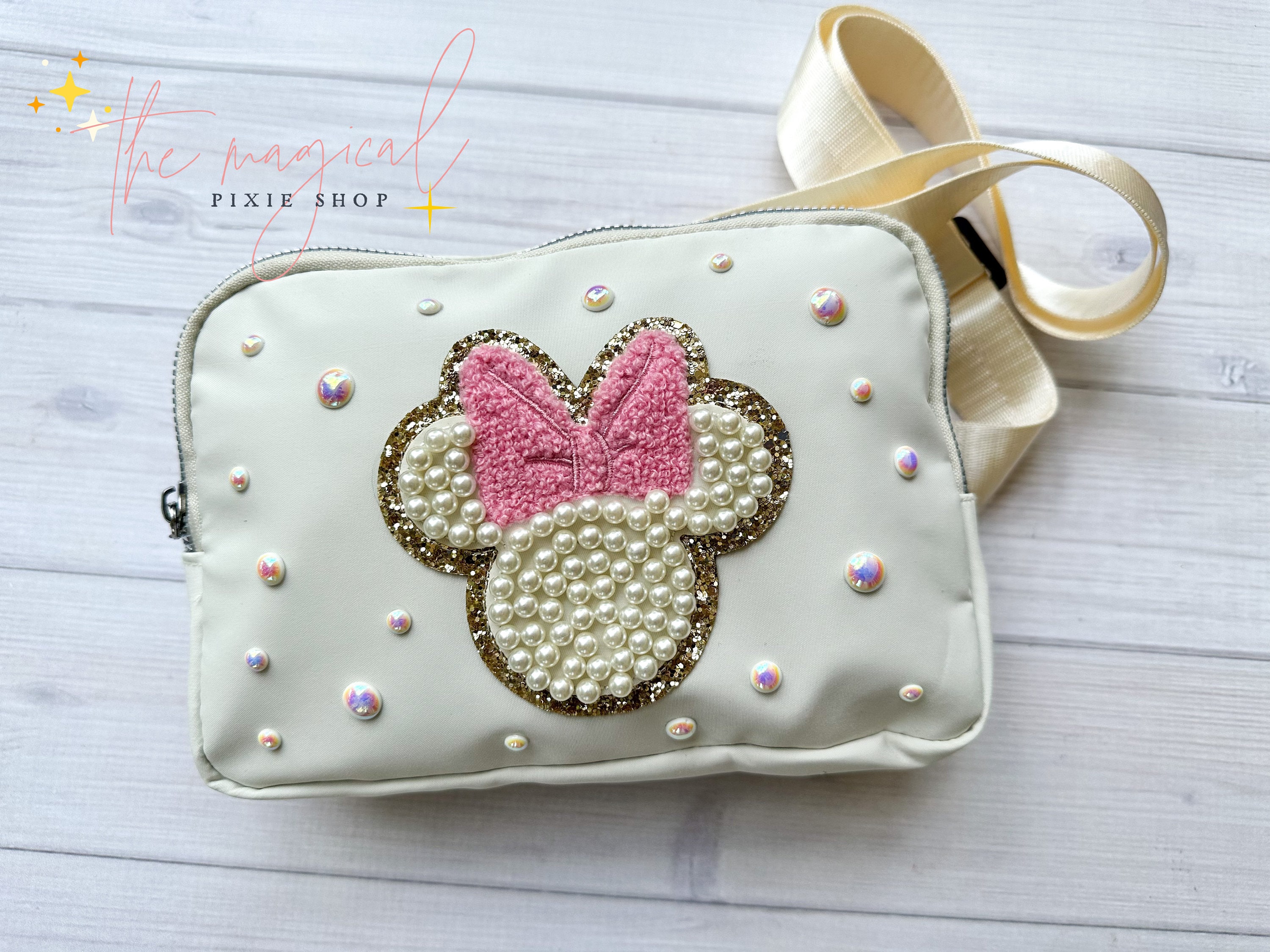 Pink Bow Mouse Ivory Crossbody Bag, Bridal Pearl Mouse Bag, Theme Park Fanny pack