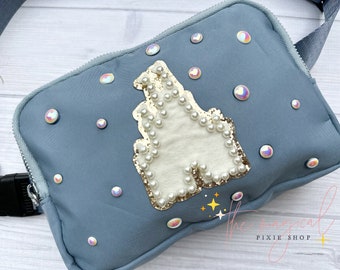 Castle Dusty Blue Crossbody Bag, Bridal Pearl Castle Bag, Theme Park Fanny pack