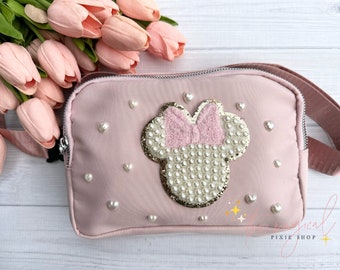 Heart Pearls Bow Mouse Soft Pink Crossbody Bag, Bridal Pearl Mouse Bag, Theme Park Fanny pack