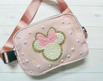 Mouse Soft Pink Crossbody Bag, Bridal Pearl Mouse Bag, Theme Park Fanny pack