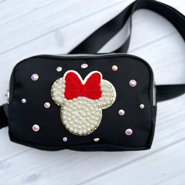 Mouse Black Crossbody Bag, Bridal Pearl Mouse Bag, Theme Park Fanny pack