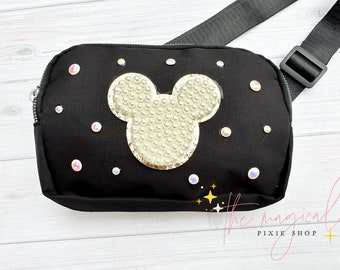 Mouse Black Crossbody Bag, Bridal Pearl Mouse Bag, Theme Park Fanny pack