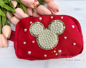 Heart Pearls Mouse Red Crossbody Bag, Bridal Pearl Mouse Bag, Theme Park Fanny pack