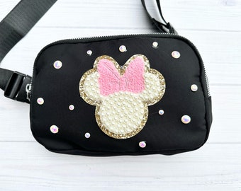 Mouse Black Crossbody Bag, Bridal Pearl Mouse Bag, Theme Park Fanny pack
