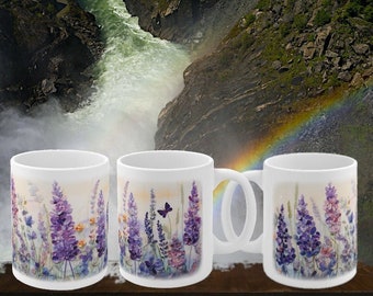 Stained Glass Lavender Coffee Mug - Purple Meadow Ceramic Wildflowers Gift for Mom Wife Grandmom - Lovely Morning Flowers Garden Cup