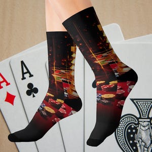 Gambling Inspired Black Socks, Roulette Poker Chips Socks, High Energy Vegas Style Fun Socks, Perfect Gamblers Casino Nights Wardrobe