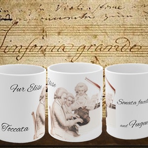 Beethoven Mozart Bach Ceramic Coffee Mug, Unique Classical Music Composers Gift Mug, Genius Piano Collaboration Mug, Pencil Sketch Art Cup