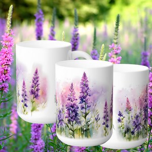 Prachtige 15 oz lavendelboeket wilde bloemen keramische mok, prachtig gekleurde violet-lila designmok, ideaal Moederdag- en vakantiedecor