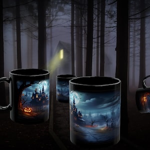 Scary Halloween Mug, Black Ceramic Cup Haunted House Spooky Jack o&#39;Lanterns Mug, Creepy Nighttime Scene Halloween Decorations Mug
