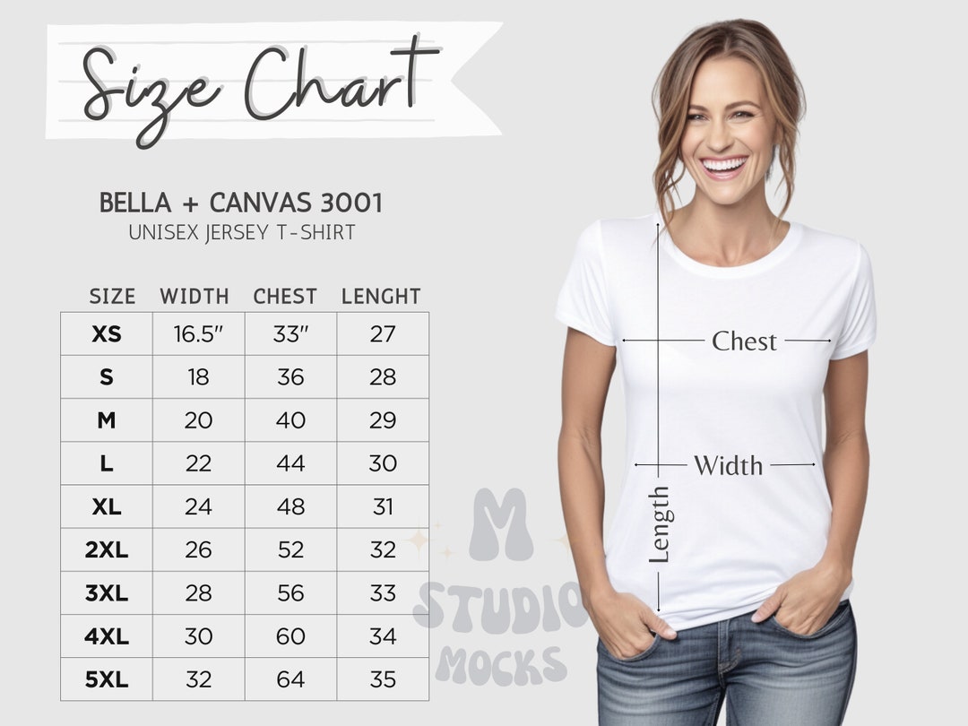 Size Chart 3001 Bella Canvas Measurement Chart Tshirt Mockup Printful ...