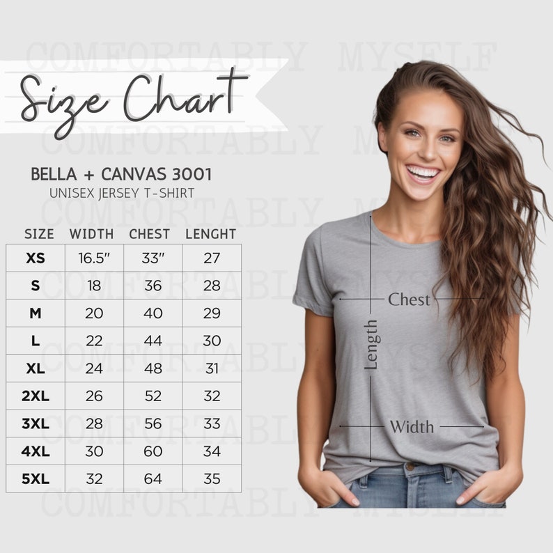 Size Chart 3001 Bella Canvas Measurement Chart Tshirt Mockup Printful ...