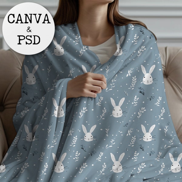 Blanket Mockup Canva Drag and Drop and PSD smart object Velveteen Plush Blanket Mockup on Bed Minky Blanket Mockup Fleece Throw