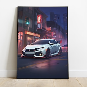 2016-2020 Honda Civic Type R Anime Night Drive | Digital Anime Art | Neon Purple Tokyo Street | Phone Screen Background | Printable Wall Art
