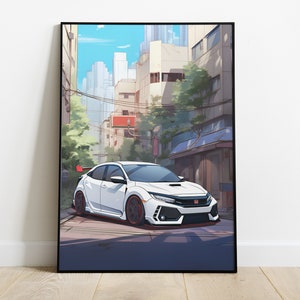 2016-2020 Honda Civic Type R Anime Illustration Style | City Daylight Modern Urban Charm | Phone Screen Background | Printable Wall Art