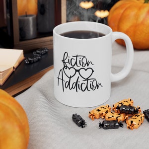 Fiction Addiction 11oz White Ceramic Mug - Book Lover Gift, Cozy Coffee Cup, Fun Novelty Mug for Readers, Reading Addict Gift
