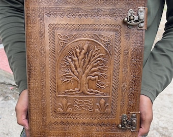 Diario de cuero extragrande de 200 páginas, cuaderno del Árbol de la Vida, diario hecho a mano, Libro de las Sombras, diario de brujería, escritura pagana, regalo para ella y él