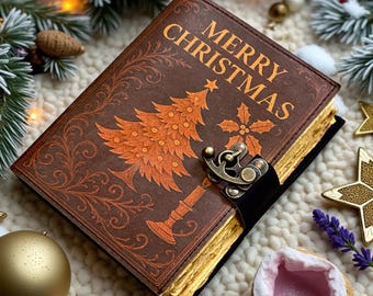 Christmas leather journal with handmade paper, vintage Grimoire Book of Shadows, Wiccan witchcraft diary, holiday gift notebook for him, her